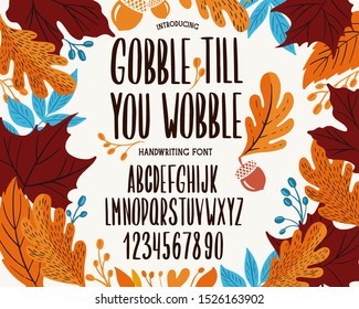 Font thanksgiving day. Typography alphabet with colorful autumn illustrations. Type design for holiday party celebration. Design vector banner with hand-drawn lettering.