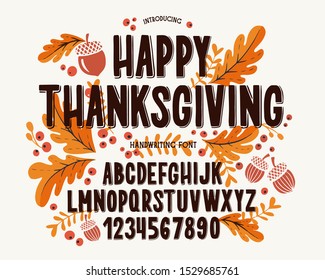 Font Thanksgiving Day. Typography Alphabet With Colorful Autumn Illustrations. Type Design For Holiday Party Celebration. Design Vector Banner With Hand-drawn Lettering.