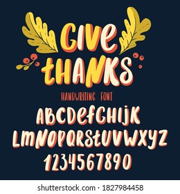 Font thanksgiving day. Typography alphabet with colorful autumn illustrations. Handwritten script for holiday party celebration and crafty design. Vector with hand-drawn lettering. svg