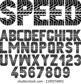 font with tire tread texture and word "speed"
