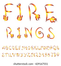 Font of triangles without gradients. Fire alphabet on white background. Imitation glowing gold.