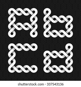 Font of twisted strips. A, B, C, D white relief letters on a black patterned background.