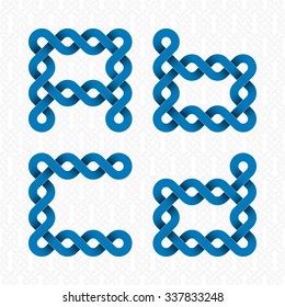 Font of twisted strips. A, B, C, D blue relief letters on a white patterned background.