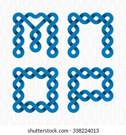 Font of twisted strips. M, N, O, P blue relief letters on a white patterned background.