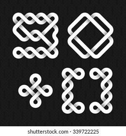 Font of twisted strips. Nine, zero, plus, brackets white relief figures on a black patterned background.