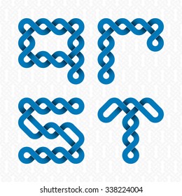 Font of twisted strips. Q, R, S, T blue relief letters on a white patterned background.