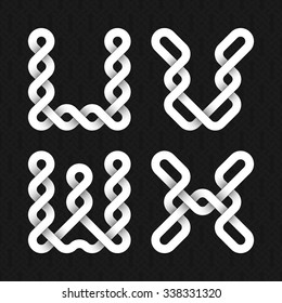 Font of twisted strips. U, V, W, X white relief letters on a black patterned background.