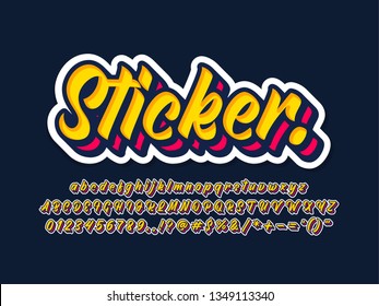 font and typeface design style for sticker and t-shirt, cool layered alphabet with retro style, brush script font with complete set character and number