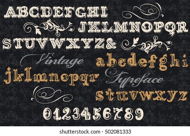Font typeface, vintage styled font with letters, numbers. English ABC