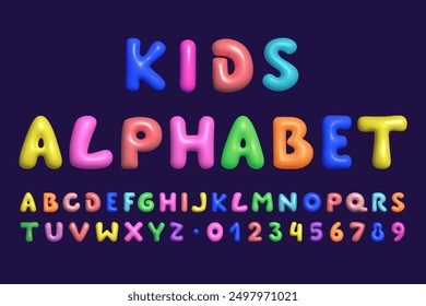 Font typography 3d. Alphabet fun play. Kids creative game letter. Playtime school. Type number glossy creative balloon. Birthday colorful childish party. Vector color bubble children modern t style