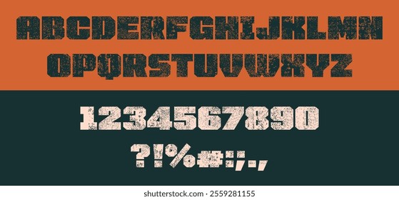 Font typography. Alphabet retro print. Square letter. Type poster. Stamp ink typeface. Uppercase graphic text signs and numbers. Noise typographic headline letterpress. Vector grunge garish ABC design