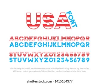 Font typography effect based on USA National Flag. United States of America thematic alphabet and numbers effect. Vector design