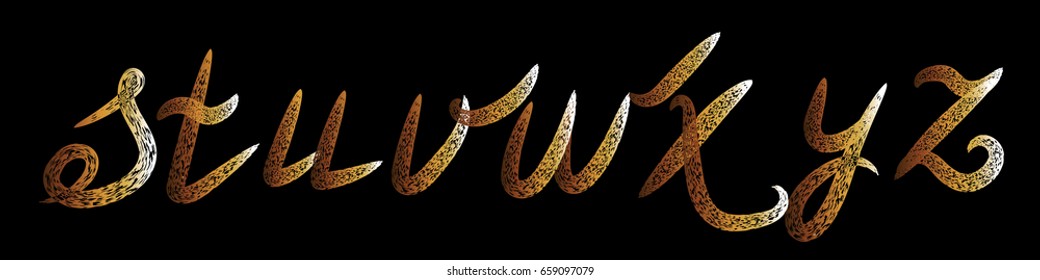 Font Typography vector illustration.set with gold 3d grunge doodle calligraphic letters s, t, u, v, w, x, y, z , Gold vector 3d alphabet letters illustration.