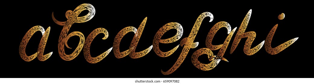 Font Typography vector illustration.set with gold 3d grunge doodle calligraphic letters a, b. c, d, e, f, g, h, i , Gold grunge vector 3d alphabet letters illustration.