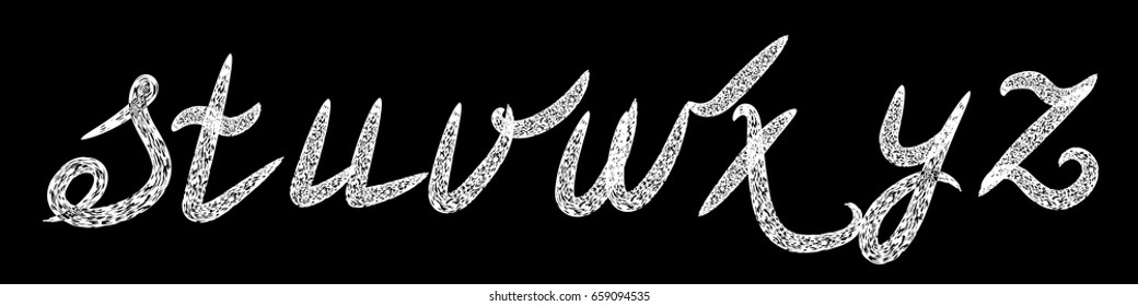 Font Typography vector illustration.set with grunge doodle calligraphic letters s, t, u, v, w, x, y, z , Black and white isolated vector alphabet letters illustration.