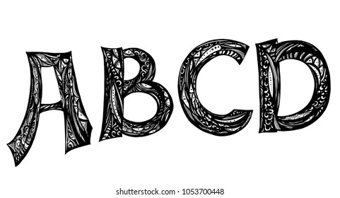 Font Typography vector illustration. set doodle calligraphic letters a, b. c, d, Black and white isolated vector alphabet letters illustration.