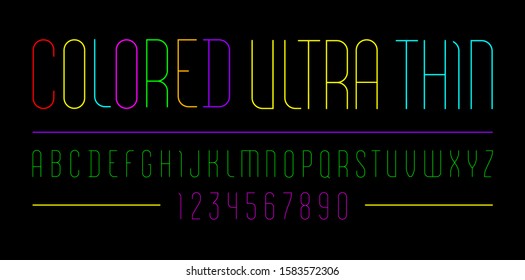 Font From Ultra Thin Line, Modern Condensed Colored Letters And Numbers