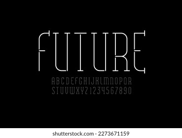 Font from ultra thin line, stencil narrow alphabet, modern condensed letters and numbers, vector illustration 10EPS