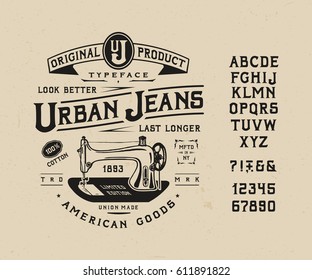 FONT URBAN JEANS. Craft vintage typeface design. Fashion type. Serif alphabet. Pop modern display vector letters. Drawn SEWING MACHINE in graphic style. Set of Latin characters, numbers, punctuation.