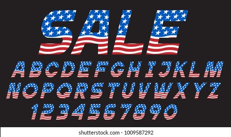 Font with USA flag, alphabet letters,numbers. Vector set