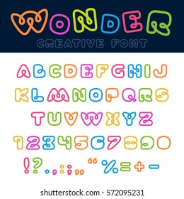 Font vector abstract funny linear style. ABC typeface.
Letters and Numbers outline colorful creative design.