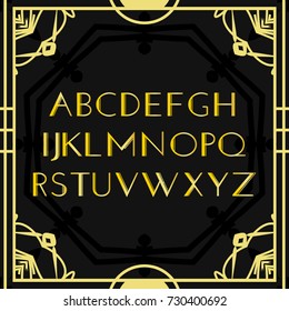 Font vector. Art deco vintage alphabet, retro gold frame or border. Luxury design abc isolated on black background. For logo, label, sign decoration illustration.