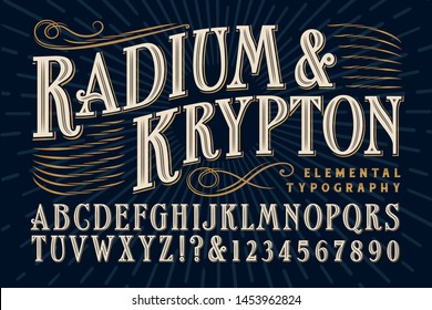 Font vector; An elegant serif alphabet that exudes old world refinement and luxury, and would be appropriate for product branding, alcohol bottles and custom packaging.
