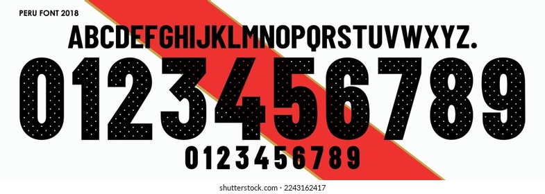 font vector team 2018 kit sport style font. football style font with lines and points inside. guerro player. peru font. sports style letters and numbers for soccer team