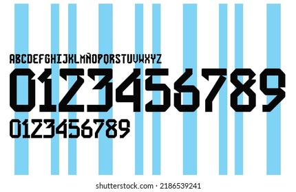 font vector team 2022 kit sport style font. football style font with lines and points inside. messi. argentina font world cup. sports style letters and numbers for soccer team