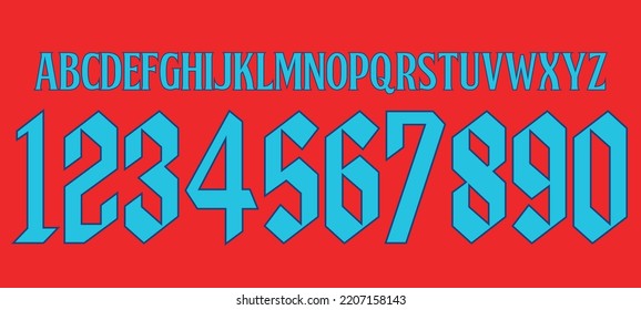 Font Vektor Team 2022 Kit Sportart Schriftart. Gothic-Schrift im Fußball, einprägter Schriftzug weg Weltcup. Sportbriefe und -nummern für Fußballmannschaften