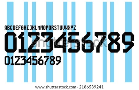 font vector team 2022 kit sport style font. football style font with lines and points inside. messi. argentina font world cup. sports style letters and numbers for soccer team