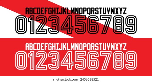 Font Vektorgrafik Team 2022-23 Kit Sportart Schriftart. Fußball Stil Schriftart mit Zeilen. Fluss Schriftart. Sport Stil Buchstaben und Zahlen für Fußball-Team