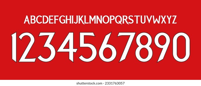 font vector team 2023 - 2024 kit sport style font. manchester football style font. premier league. red devils soccer. sports style letters and numbers for soccer team