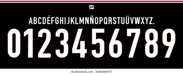 font vector team 2025 - 2026 kit sport style font. football style font with lines. River Plate argentina font, The Millionaires.sports style letters and numbers for soccer team