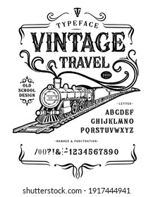 Font Vintage Travel. Craft retro vintage typeface design. Graphic display alphabet. Fantasy type letters. Latin characters, numbers. Vector illustration. Old badge, label, logo template.
