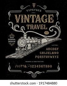 Font Vintage Travel. Retro-Vintage-Design des Kunsthandwerks. Bildzeigeralphabet. Fantasy-Schriftzeichen. lateinische Buchstaben, Zahlen. Vektorgrafik. Altes Schild, Label, Logo-Vorlage.
	
