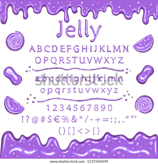 Font from violet jelly and marmalade candy. Frame made\
from sweet syrup. Delicious letters with gloss. The font for\
desserts, food and etc. Color fill isn\'t the gradient. Vector\
illustration. EPS 8.