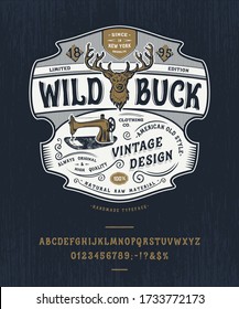 Font Wild Buck. Craft retro vintage typeface design. Graphic display alphabet. Western type letters. Latin characters, numbers. Vector illustration. Old badge, label, logo template
