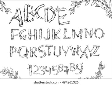 Font of woodchucks and sticks, twigs, leaves. Vector graphics. Numbers and letters