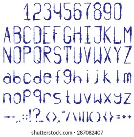 Font, written with a trembling hand these in blue ink. Imitation watercolor. A full set of basic Latin characters.