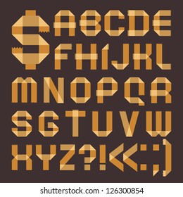 Font from yellowish scotch tape -  Roman alphabet (A, B, C, D, E, F, G, H, I, J, K, L, M, N, O, P, Q, R, S, T, U, V, W, X, Y, Z)