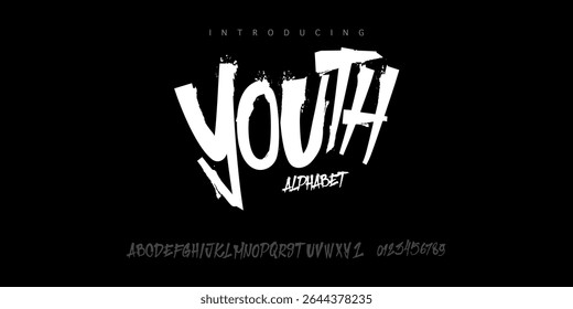 Font Youth. Youthful font with skater quotes. Marker graffiti street art font dynamic bold strokes, spirited expressive headline, youth urban vibe. Art typo design. Vector typeset.