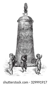 Fontaine Pewter beer, seventeenth century, vintage engraved illustration. Magasin Pittoresque 1877.
