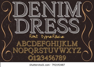Font.alphabet.Script.Typeface handcrafted handwritten vector label design named denim dress