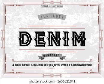 Font.alphabet.Vector Illustration.Typeface.Script.Retro Typography.Shadow Effect.Handcrafted handwritten vector label design old style.vintage Hand Drawn.name denim