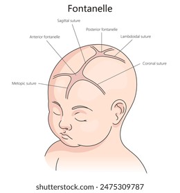 fontanelle and sutures in an infant's skull, including anterior and posterior fontanelles, sagittal, coronal, lambdoidal sutures diagram hand drawn vector illustration. Medical science illustration