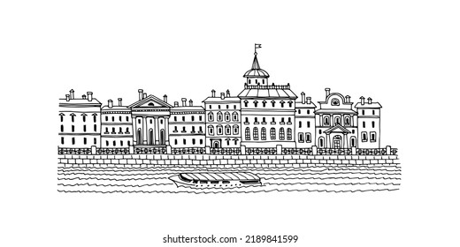 Fontanka-Damm in St. Petersburg. Reisen über Wasserkanäle mit einer Flussbahn. Vektorgrafik mit schwarzer Tinte einzeln auf weißem Hintergrund in doodle und handgezeichnet.