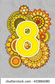 Fonts. Bright Numbers. Mandala and Flowers. Isolated Vector Elements. 