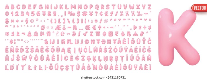 Fonts Complete set alphabetic letters and symbols and signs, numbers. Big collection of creative Font realistic 3d design plastic balloons style. Language support French, German. Vector illustration svg