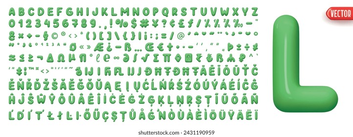 Fonts Complete set alphabetic letters and symbols and signs, numbers. Big collection of creative Font realistic 3d design plastic balloons style. Language support French, German. Vector illustration